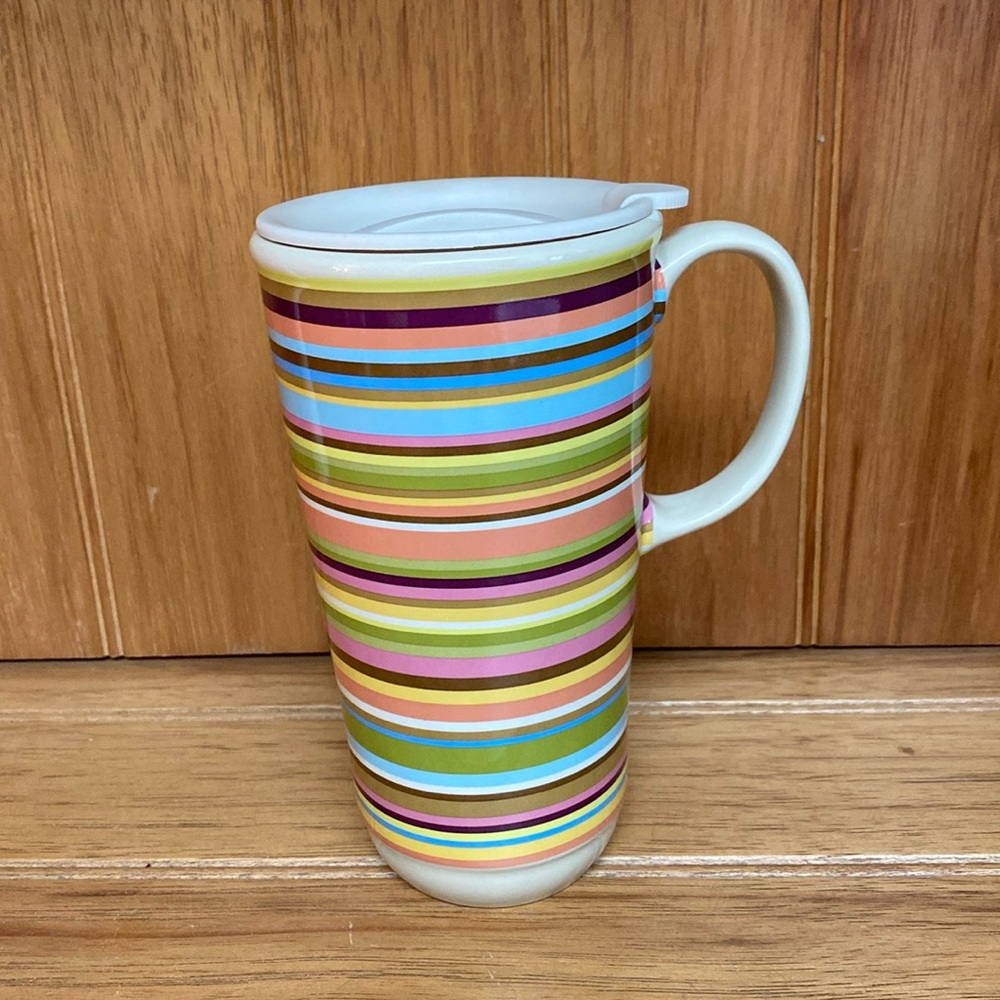 Longaberger Pottery Summer Stripe Tall Travel Mug with Lid